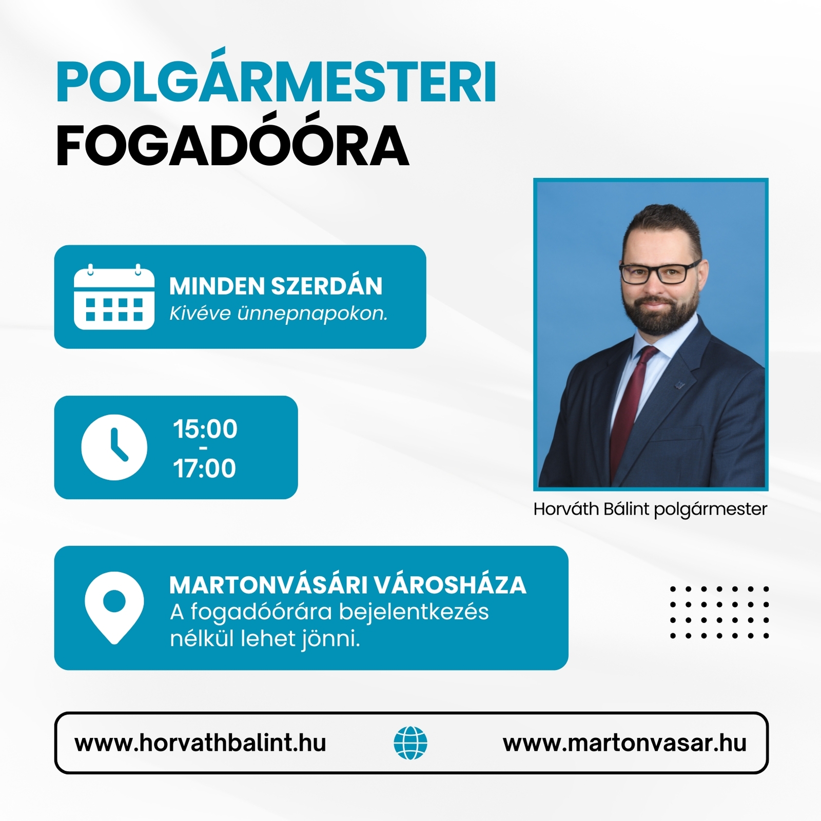 polgármesteri fogadóóra minden szerdán 15:00-17:00 óra között