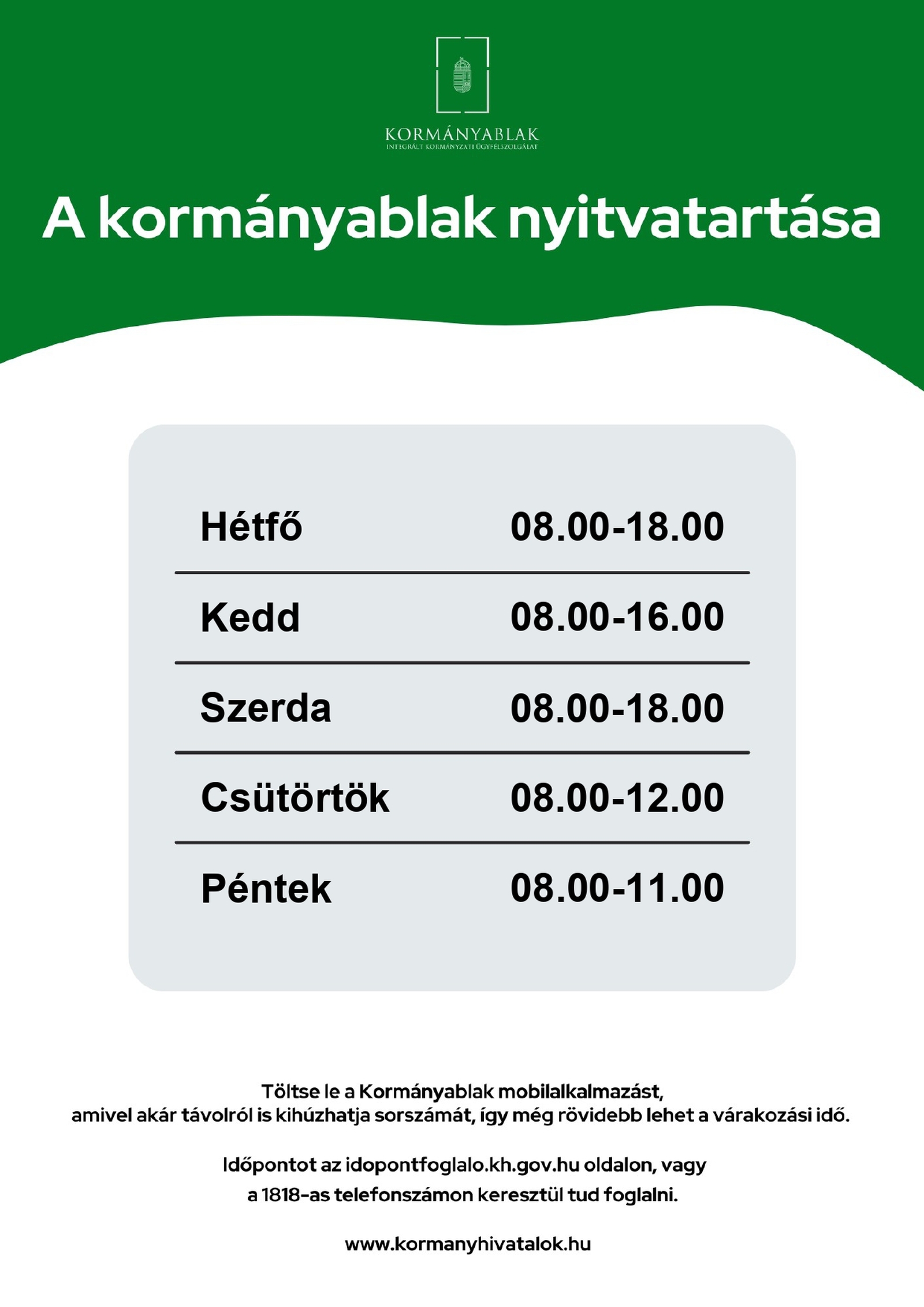 A kormányablak nyitvatartása