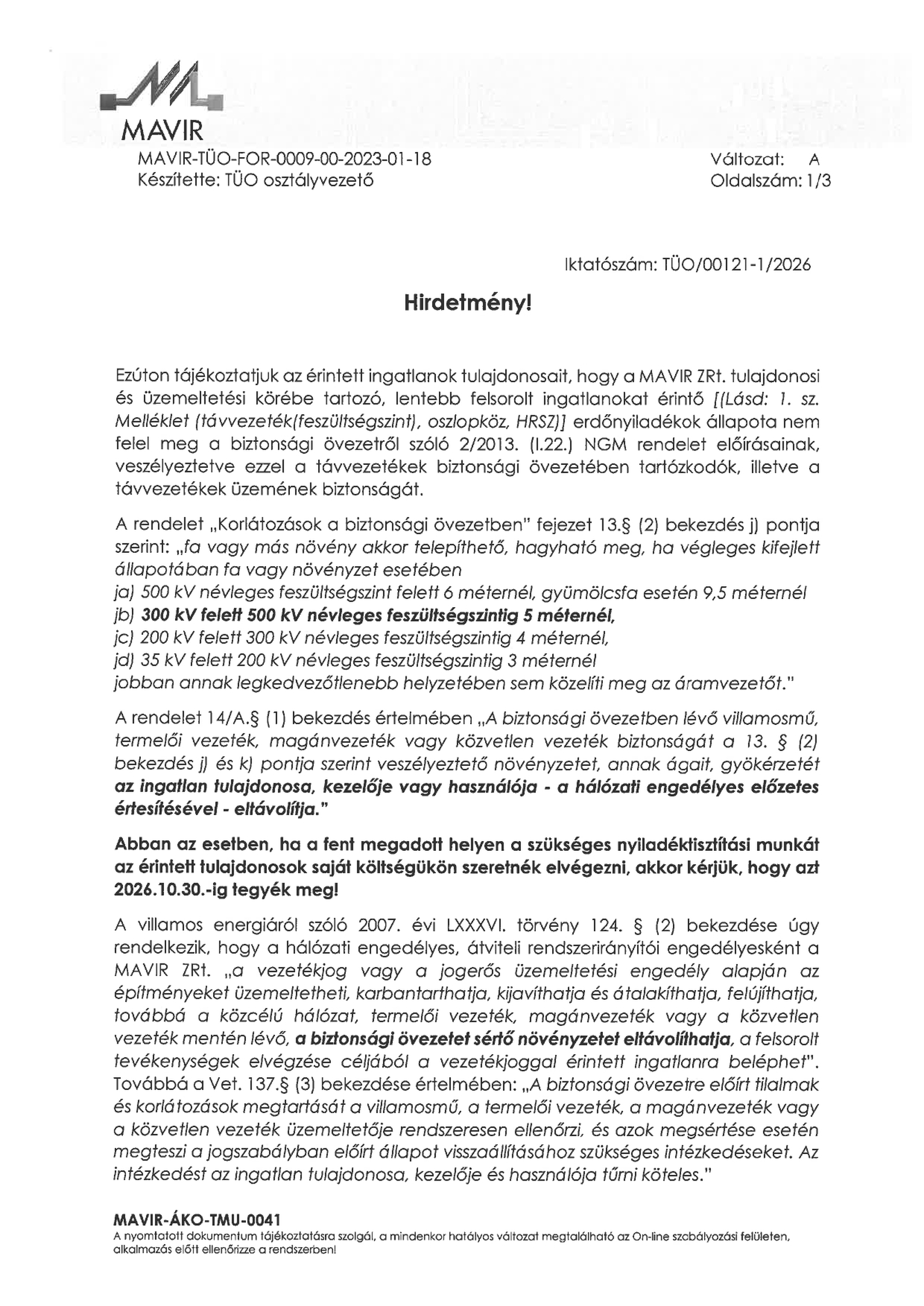 Mavír hirdetmény 1 old távvezetékek alatti terület karbantartása tisztítása